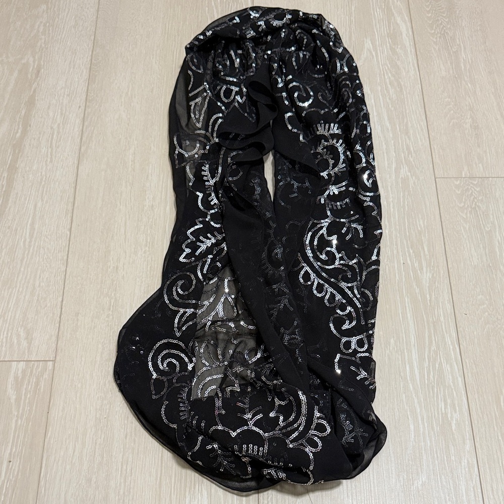 ✨ Black and Silver Floral Embroidered Sequined Scarf